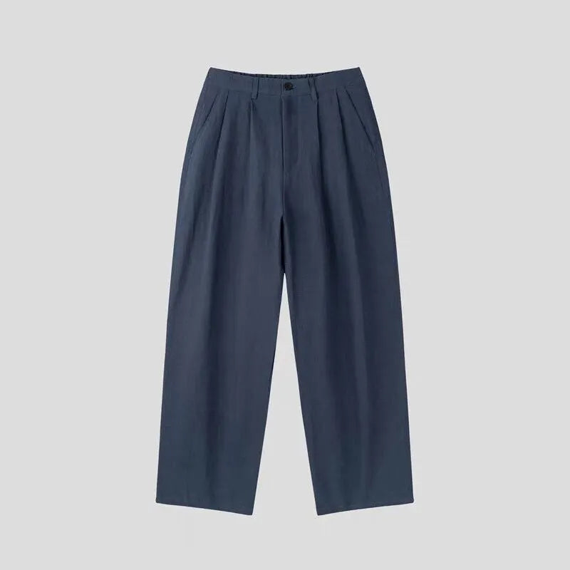 Men's Korean-style loose fit cotton linen trousers in apricot, army green and purplish blue colours