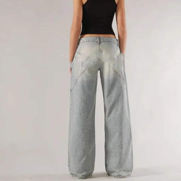 Loose straight wide leg cotton mop trousers in blue with low waist and splicing detail
