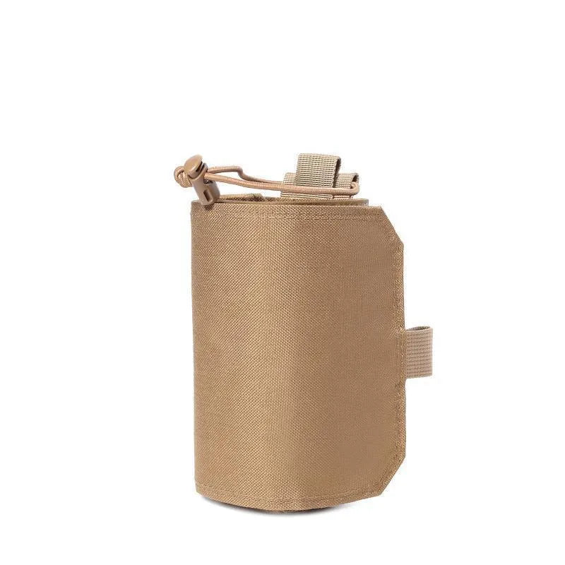 Adjustable outdoor bottle cover in Oxford cloth with elastic base, shown in black and khaki colours