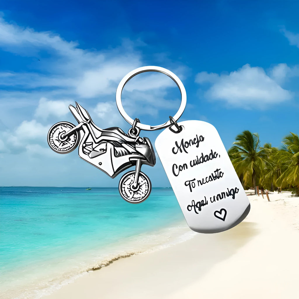 Stainless steel motorcycle inspiration keychain with flannel storage pouch