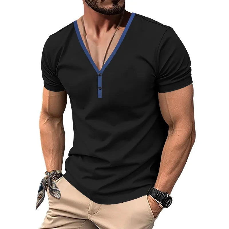 Men's slim-fit V-neck contrast colour Henley short sleeve top in polyester, available in black, white, wine red, gray, denim blue, brown