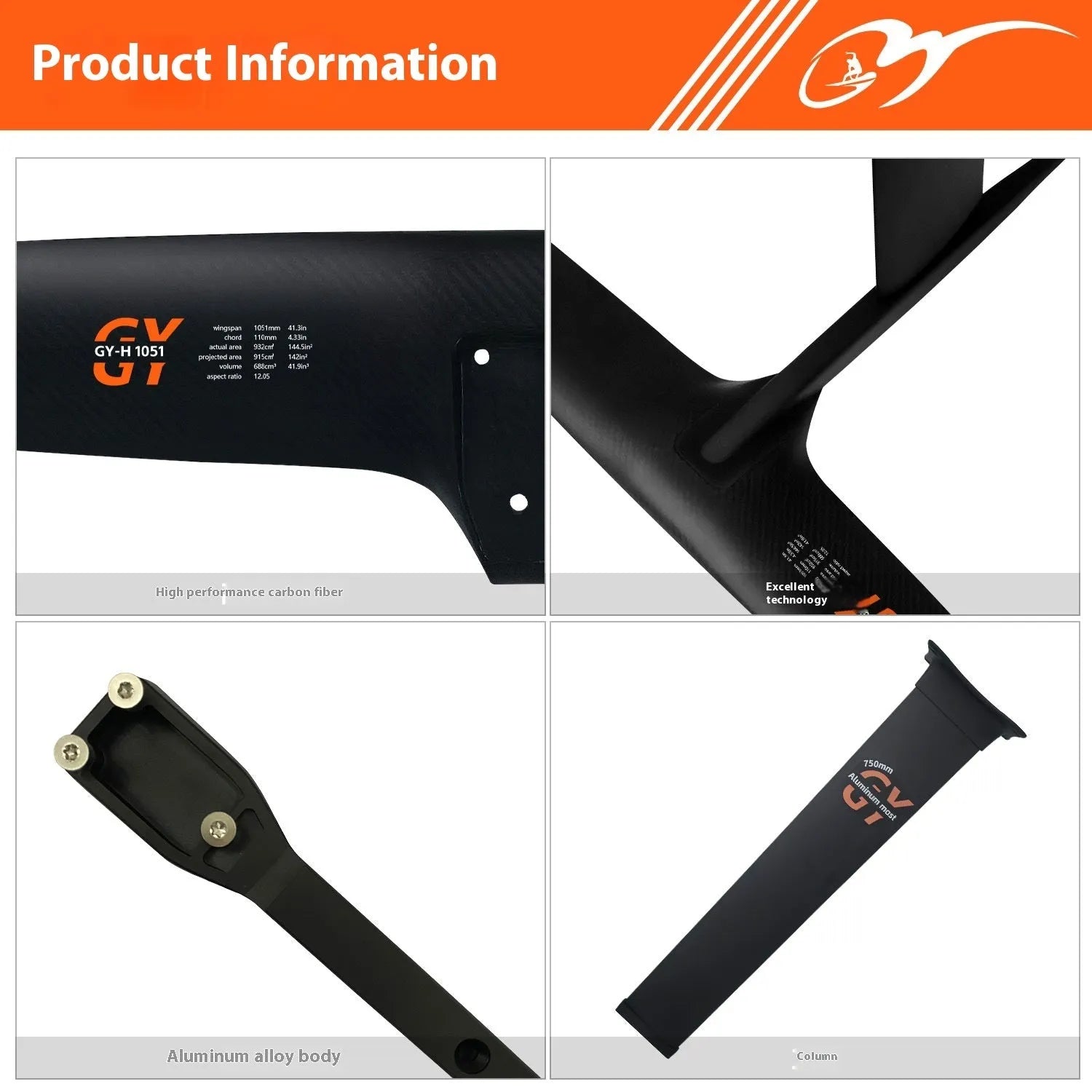 Black carbon fibre and aluminium hydrofoil with 1051mm front wing for racing and surfing