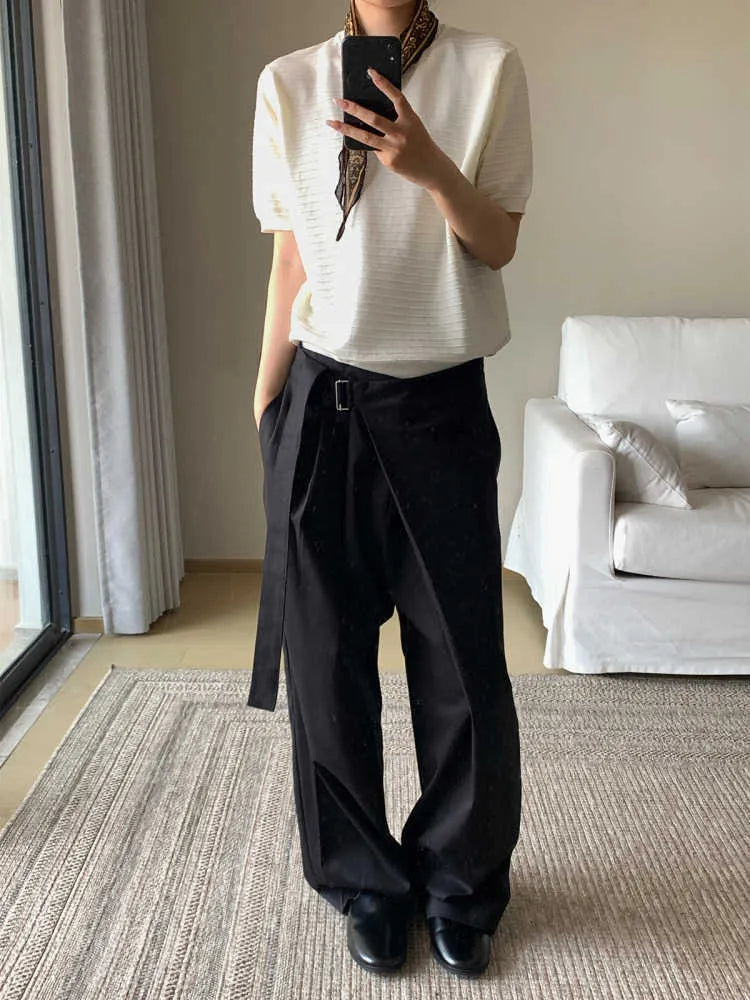 Black straight-leg trousers with a single pleat front and an adjustable waistband, laid flat.