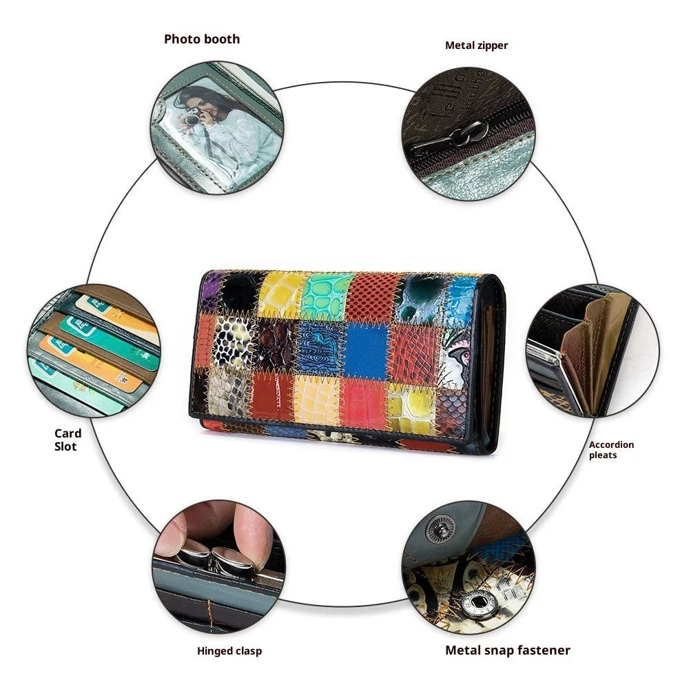 Women's genuine leather mid-length wallet with geometric stitching pattern, colour splicing, cowhide construction, street trend style
