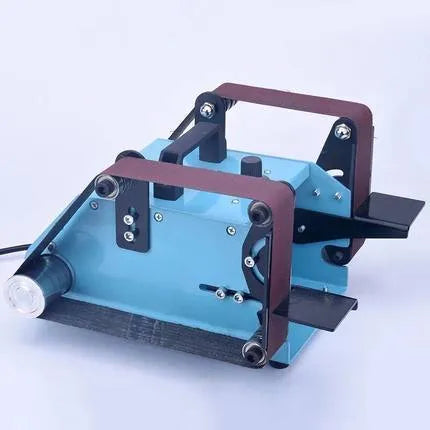 Blue desktop dual-axis belt sander with variable speed control for sharpening and sanding
