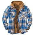 Men's blue check long sleeve hooded jacket with cotton blend fabric, loose fit