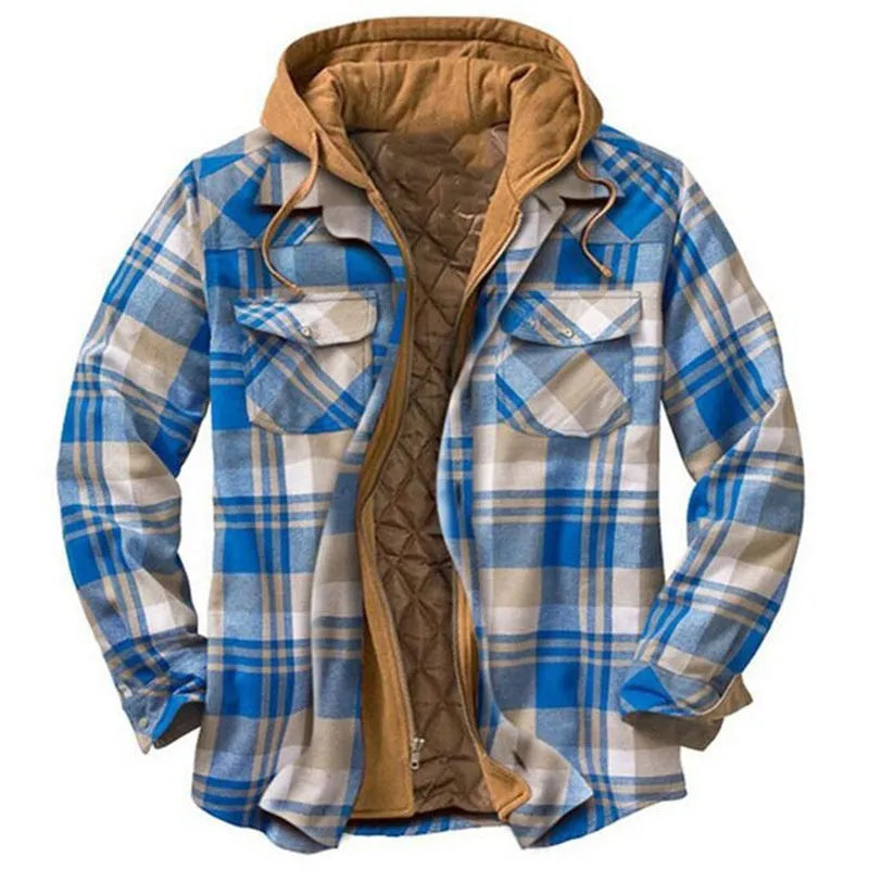 Men's blue check long sleeve hooded jacket with cotton blend fabric, loose fit