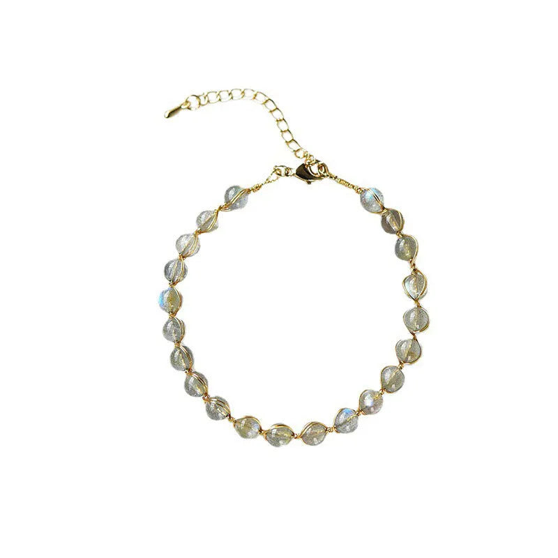 14K gold-plated women's bracelet with 6mm blue moonstone beads and metal starry sky accents