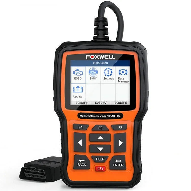 Foxwell NT510 orange and black automotive diagnostic scanner with data cable for vehicle fault detection