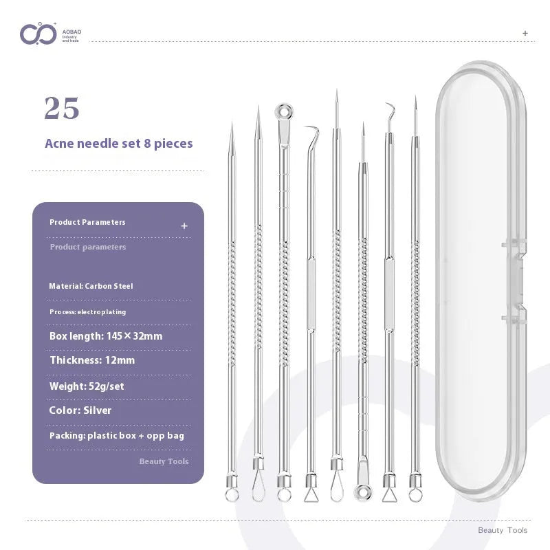 Four-piece silver metal acne needle set with fine-pointed needles and a clip for skin blemish removal.