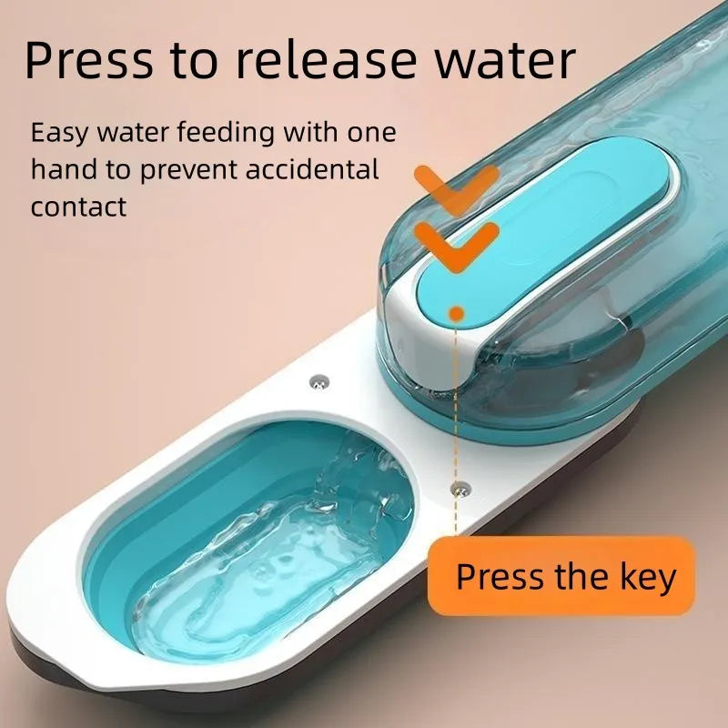 Blue portable pet water bottle with fold-out silicone drinking bowl for dogs and cats.