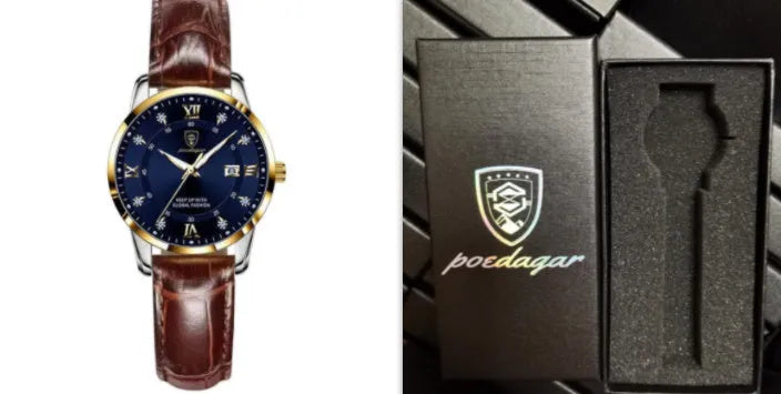 Men's quartz watch with 43mm round dial, sapphire crystal, stainless steel strap, blue face, luminous hands and calendar display