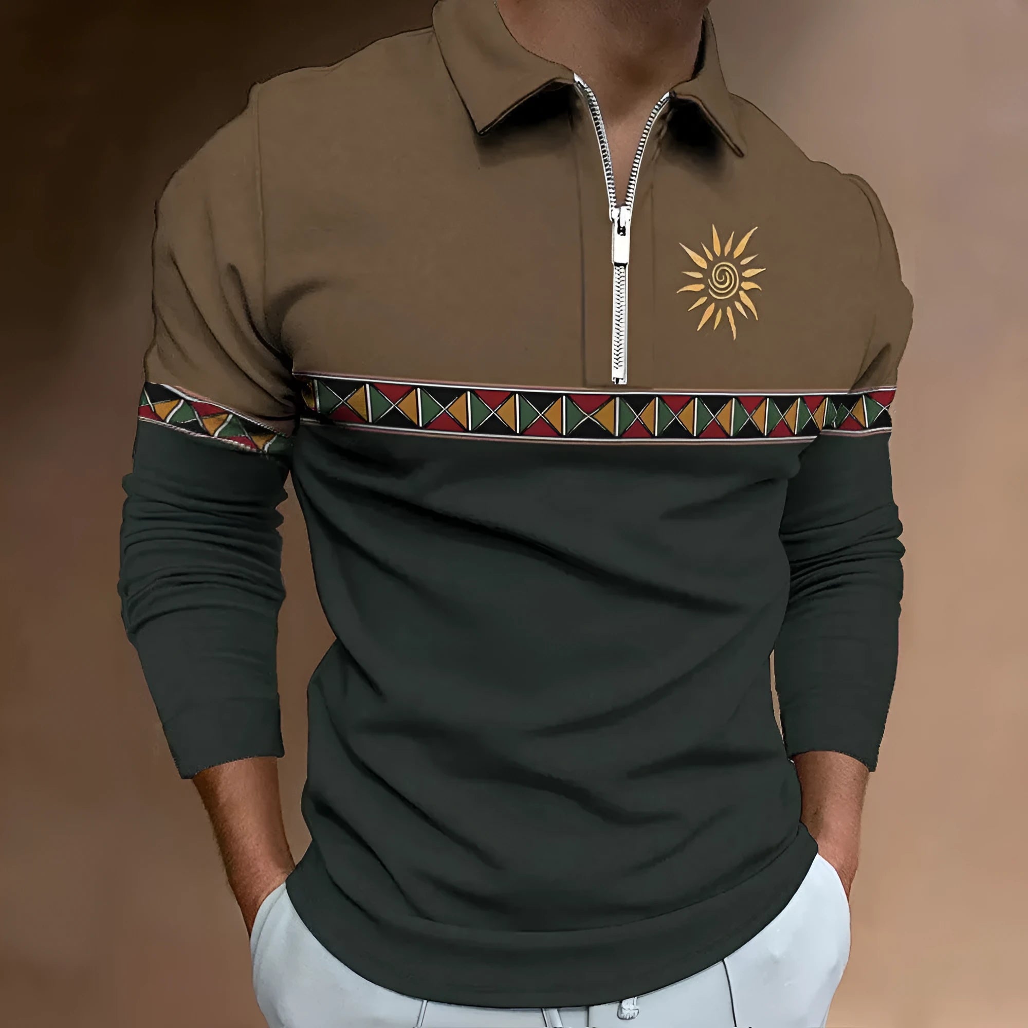Men's loose fit long sleeve t-shirt with retro striped printing and zipper details