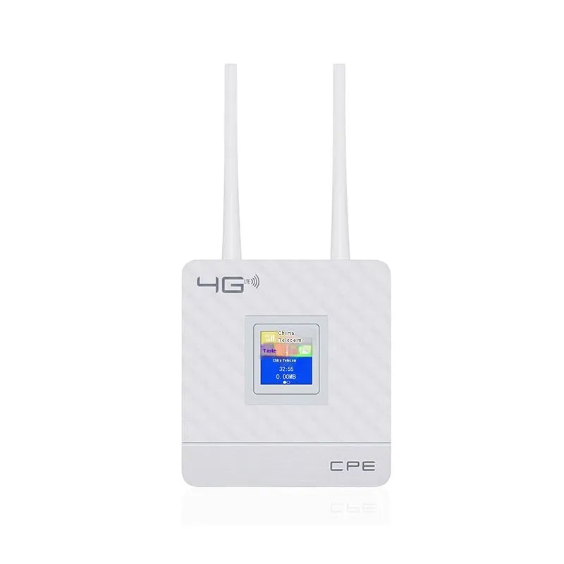 Home office shared display LTE router with two antennas, USB cable, and power adapter