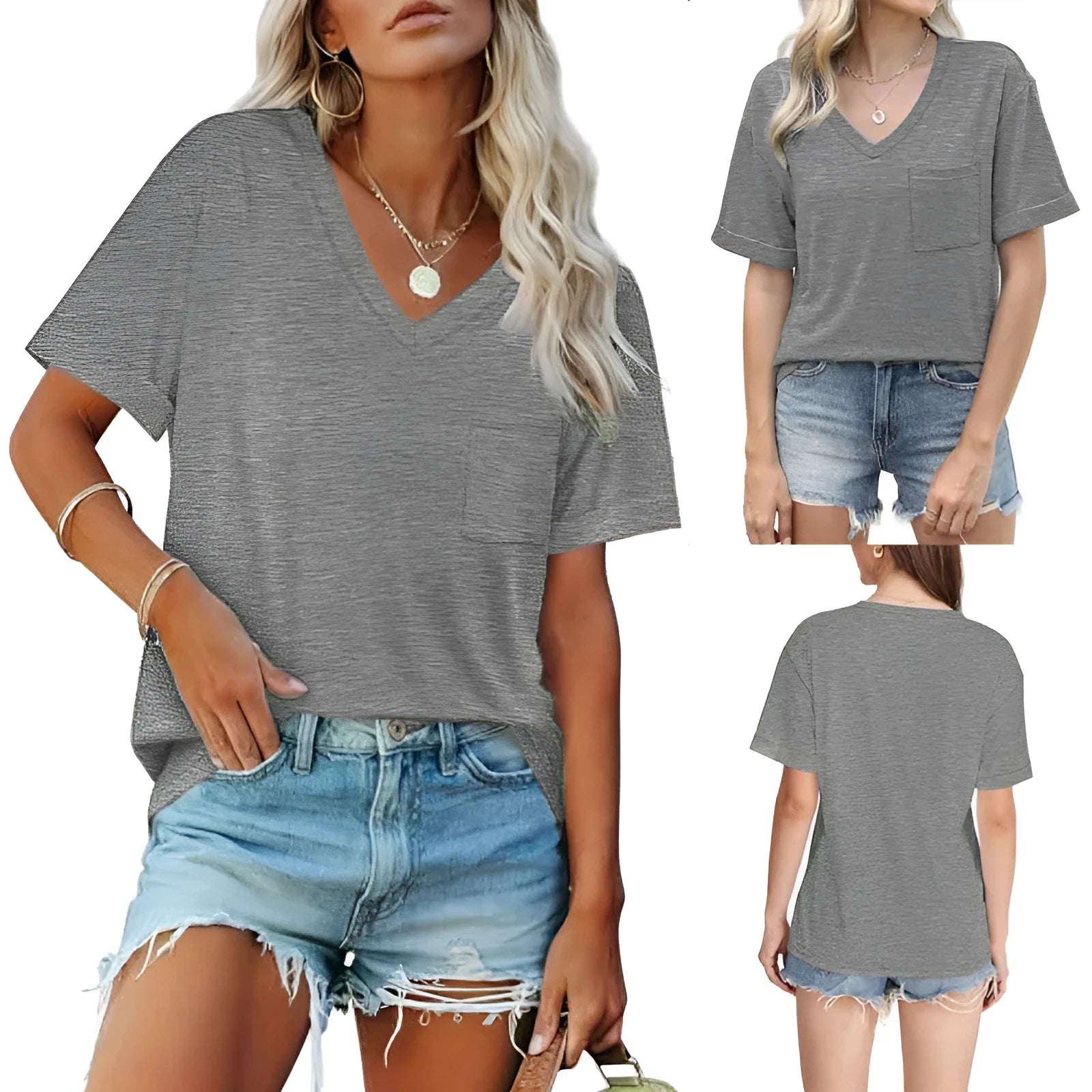 Grey loose V-neck pocket T-shirt with short sleeves on hanger