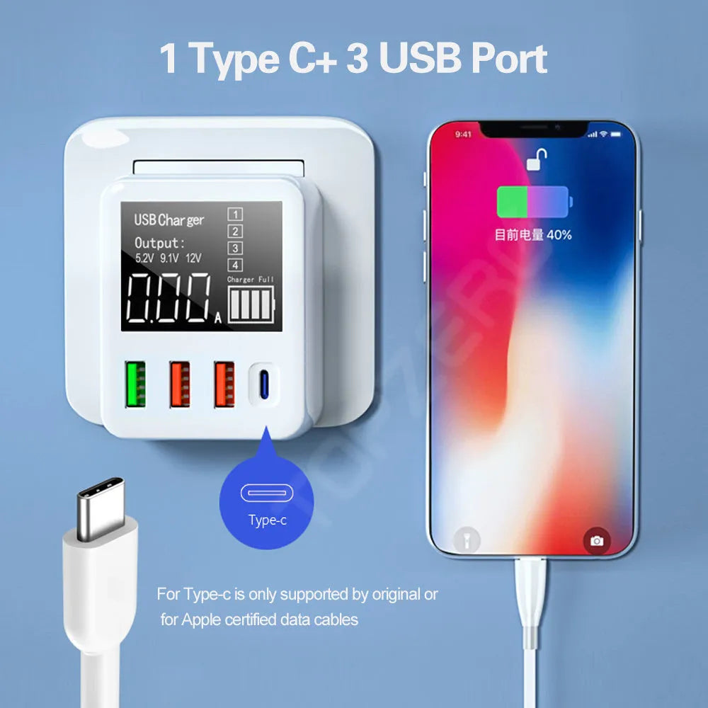 White 4-port QC3.0 and Type-C travel wall charger with optional international plug adaptors.