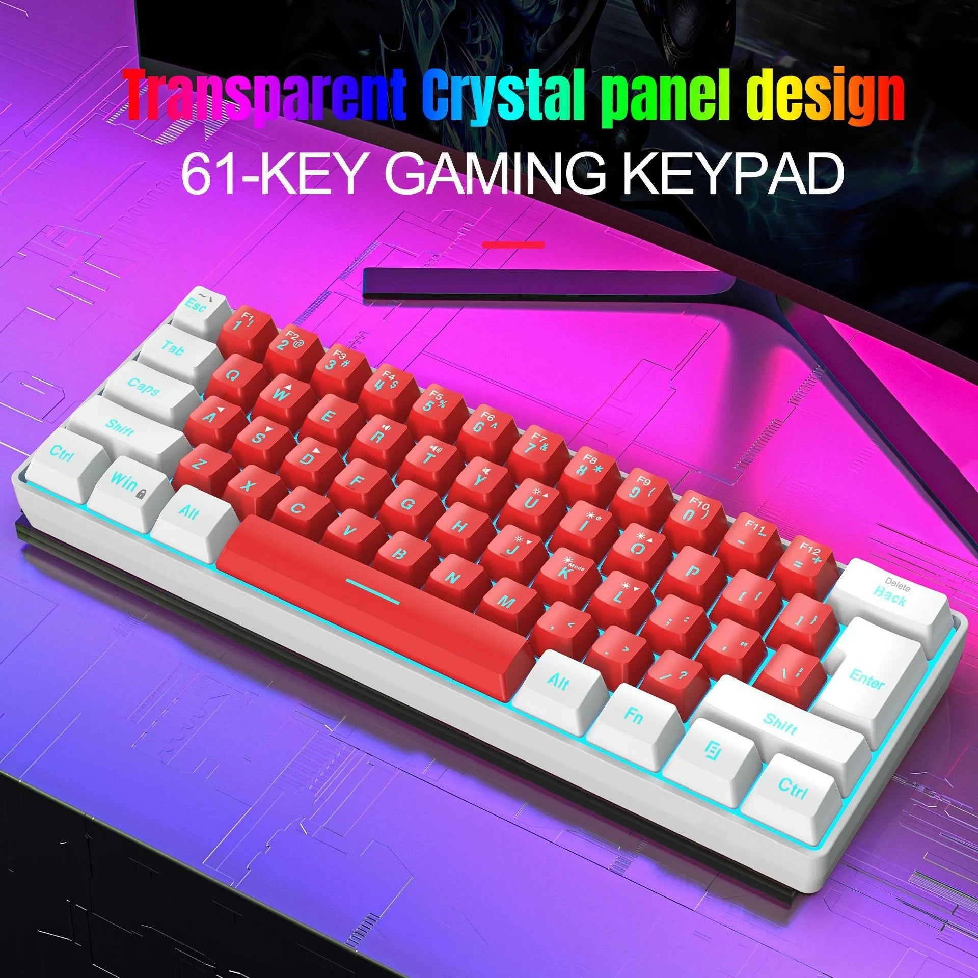 Simple wired white and black 61-key membrane keyboard with a USB cable on a desk