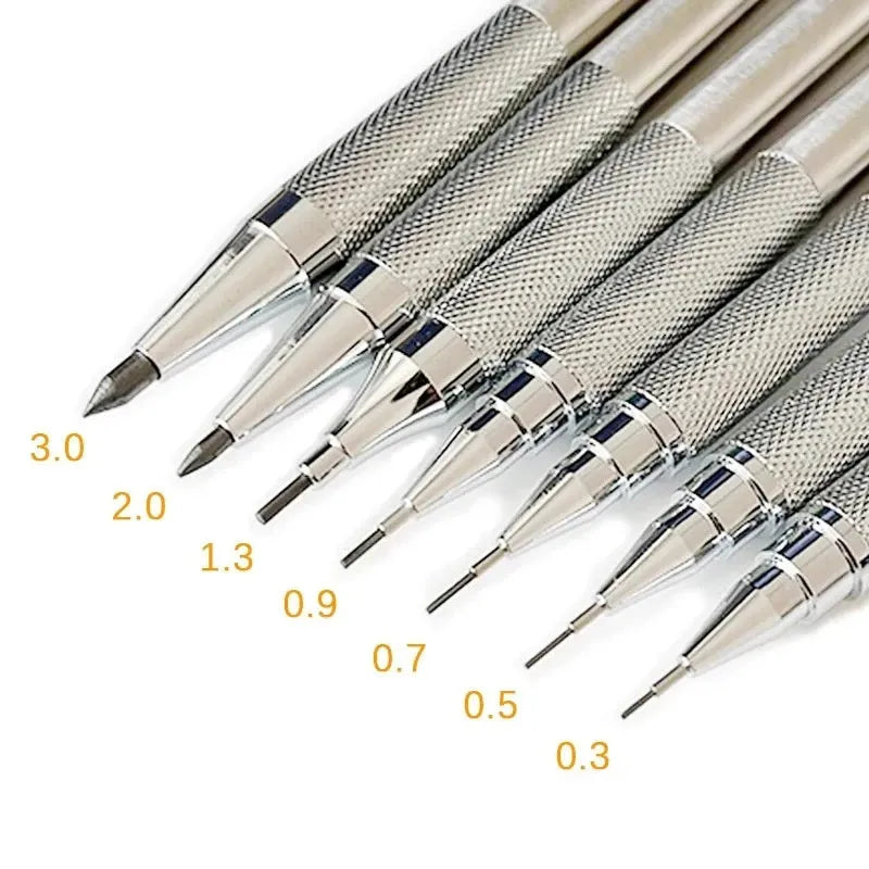 Metal automatic mechanical pencil compatible with five sizes of 2B lead refills.