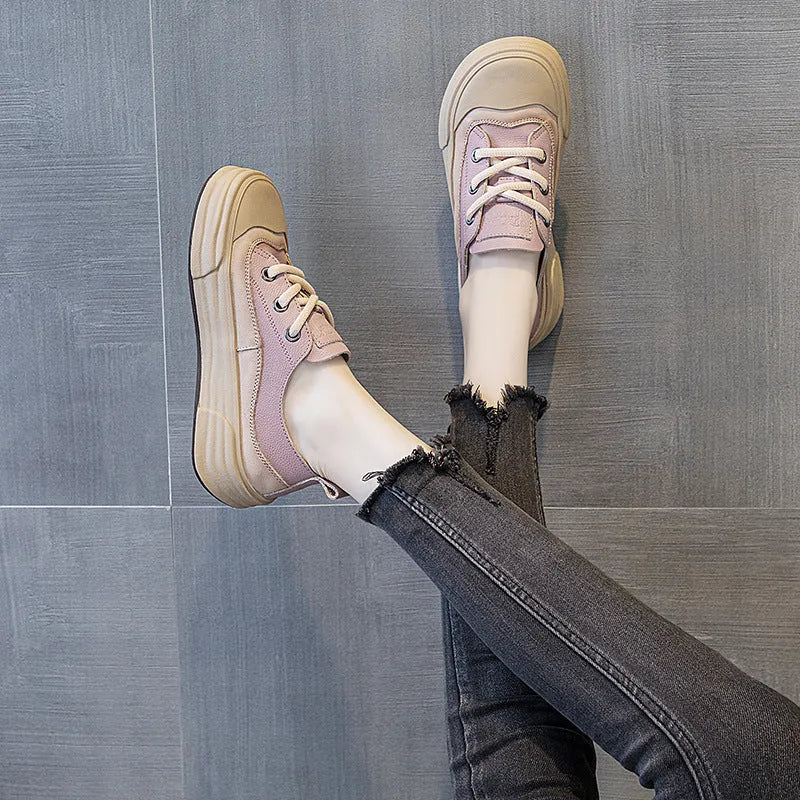 Women's leather platform sneakers in matcha green, side view showing round toe and lace-up design.