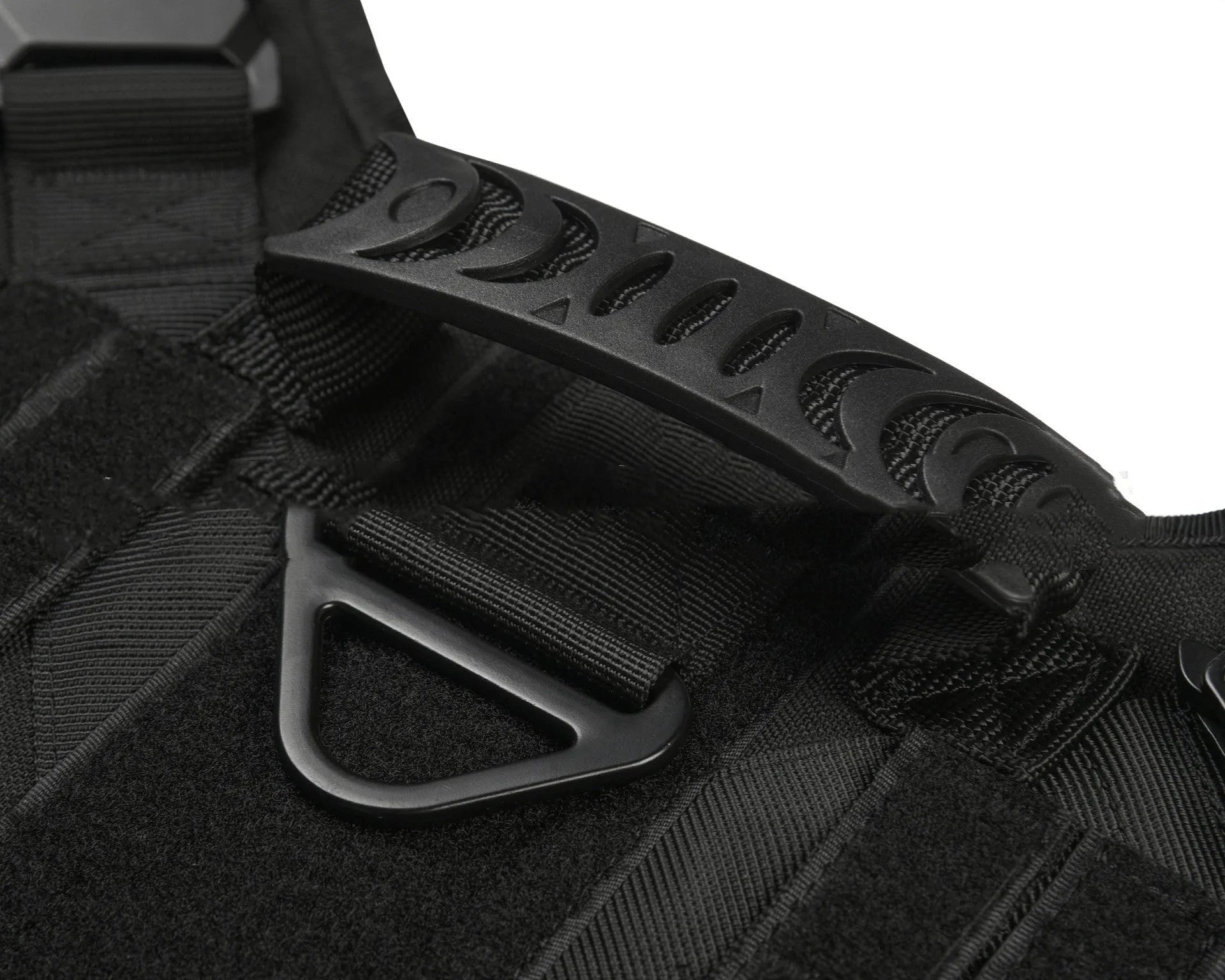 Tactical outdoor dog training vest in black with adjustable fit, side view