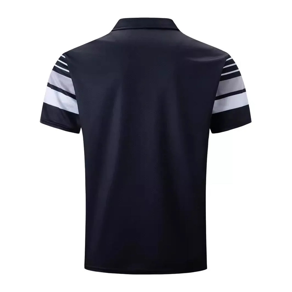 Men's black striped loose fit short sleeve polyester t-shirt on hanger, front view, sizes S to XXXL