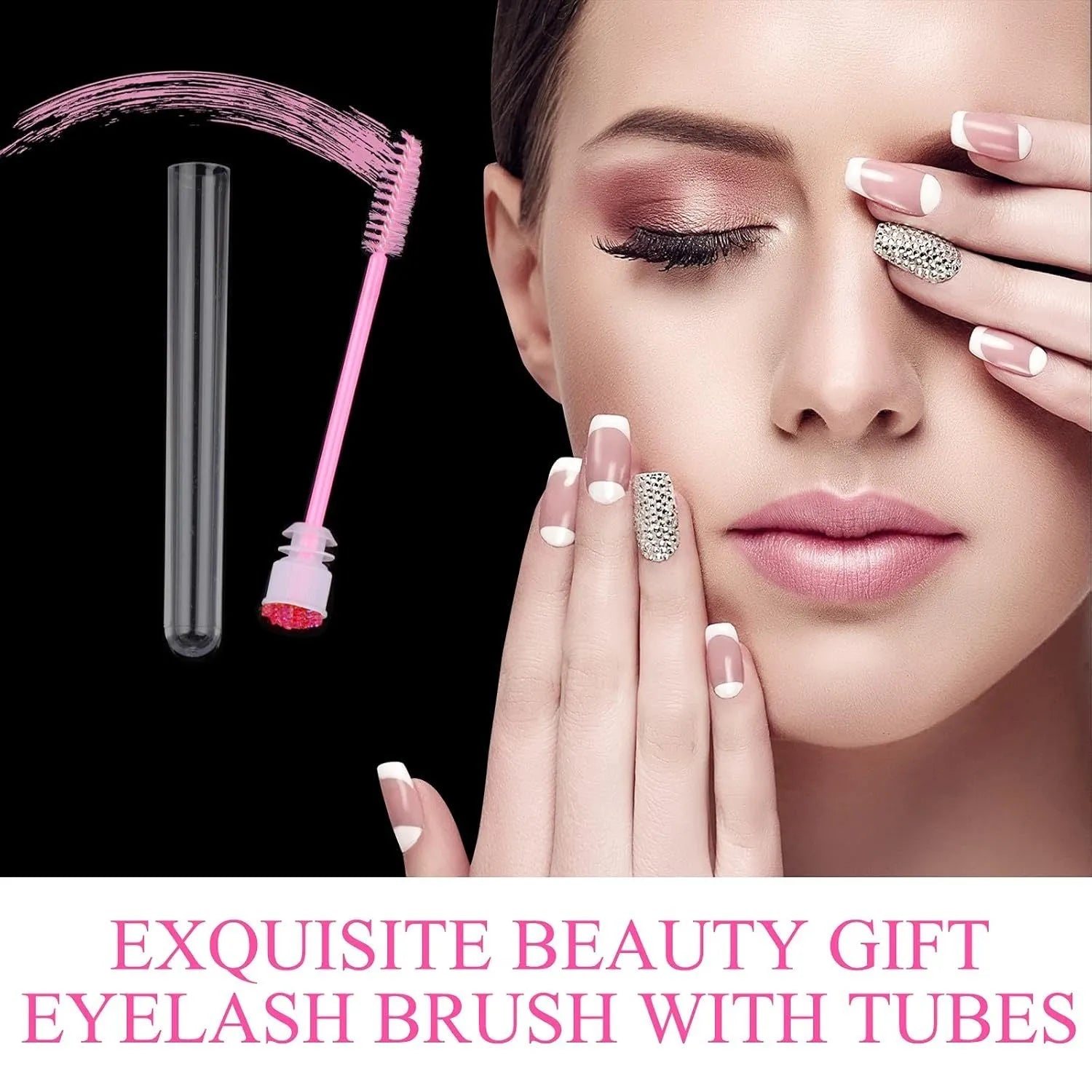 Disposable eyelash brushes in blue, green, pink and purple colours with transparent protective storage tubes