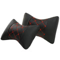 Black leather quilted car headrest neck pillow with diamond pattern and contrast stitching.
