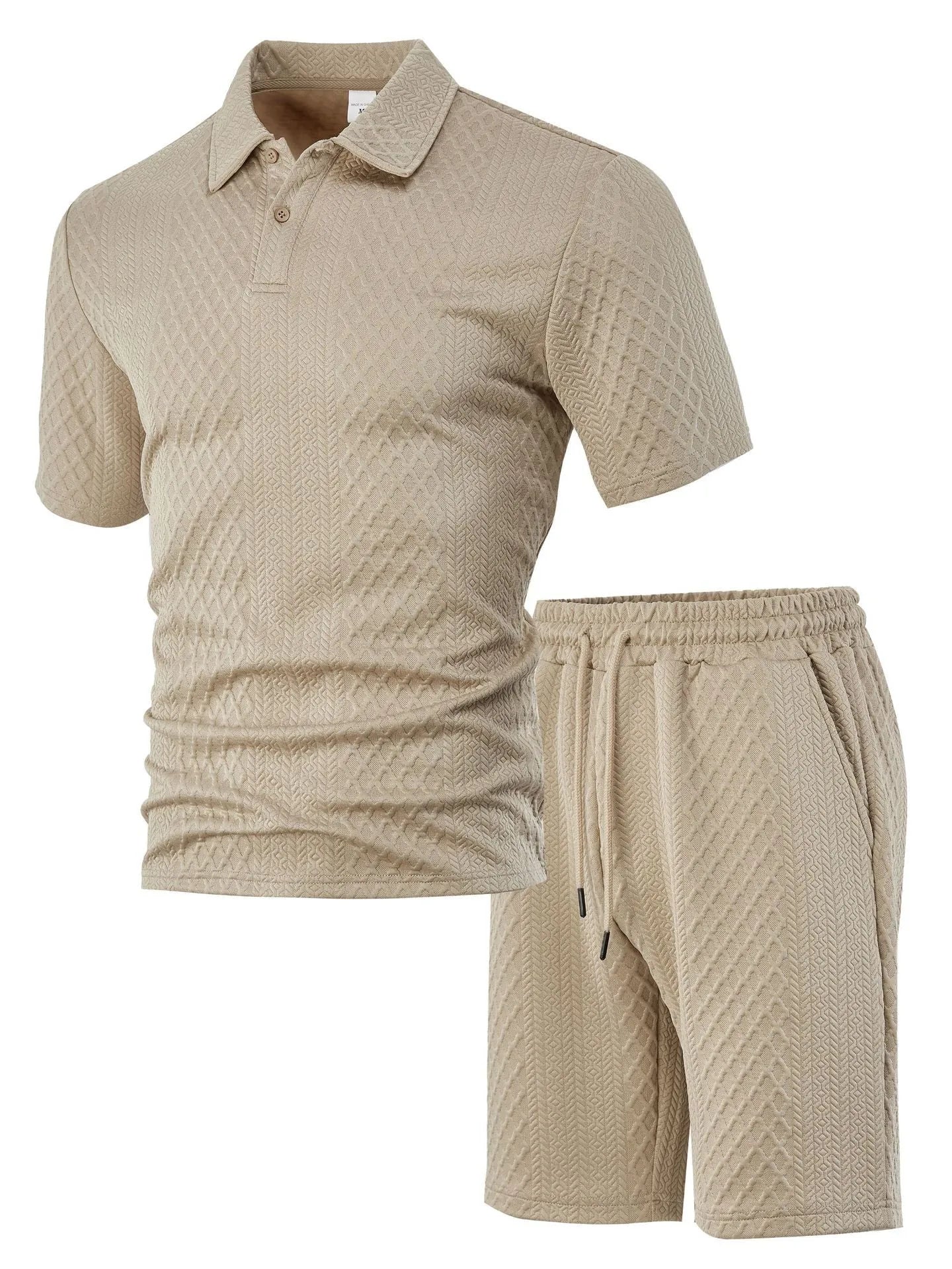 Men's patterned cloth short sleeve polo suit in light blue, shown with matching trousers.