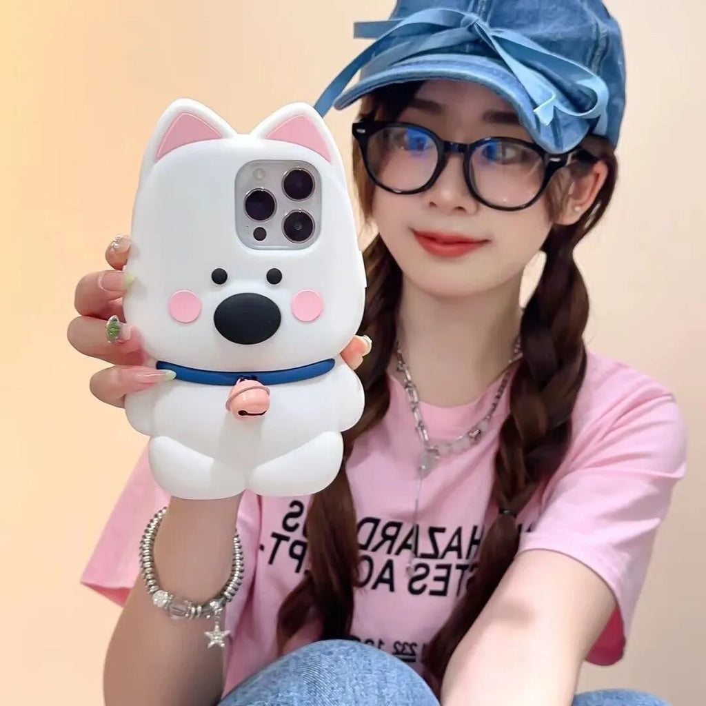 Pink silicone phone case with cartoon little white dog and bell charm for iPhone