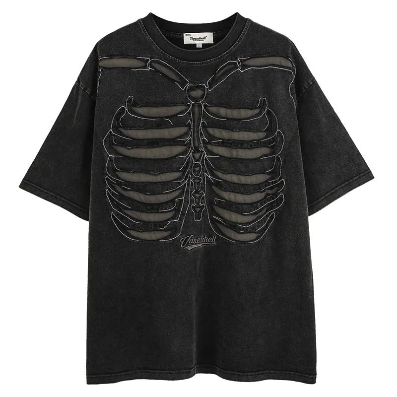 Men's black skull print cotton T-shirt with loose fit and drop shoulder design