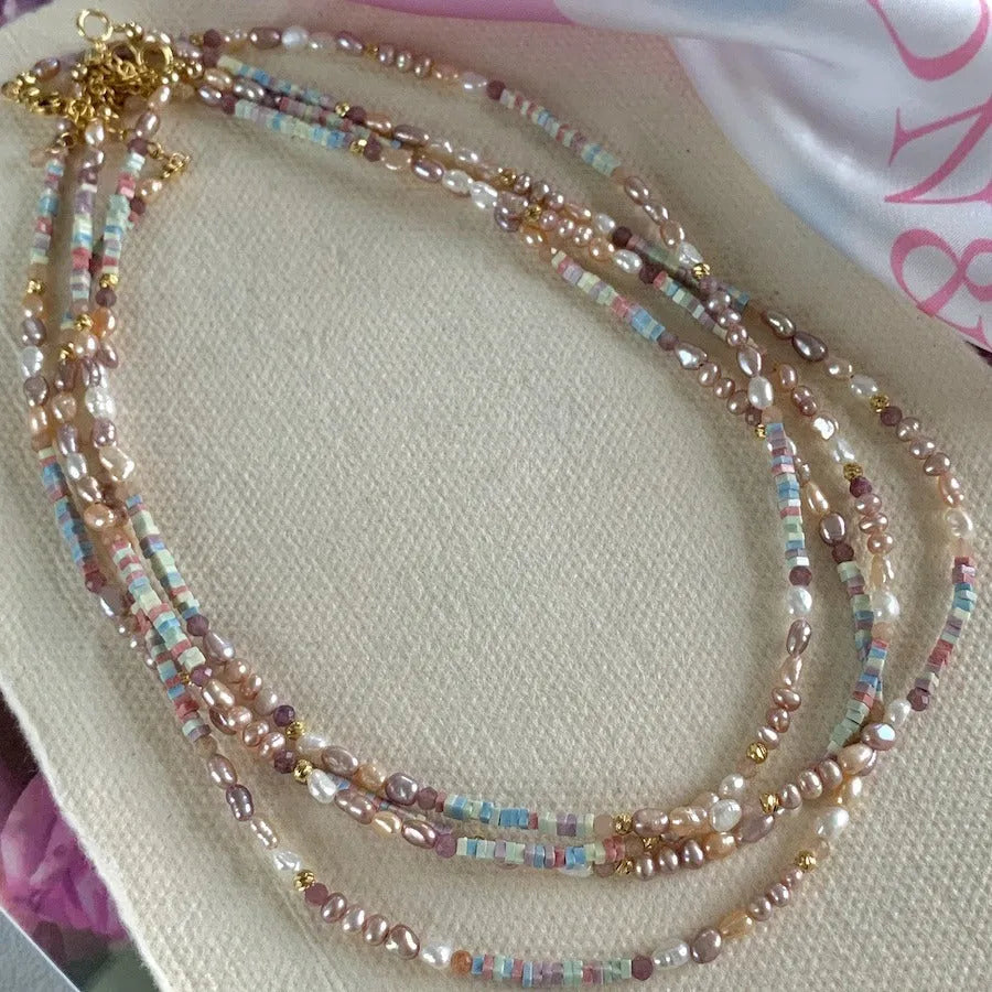 Purple pearl bracelet and matching necklace set with irregular freshwater pearls on gold gilded silver