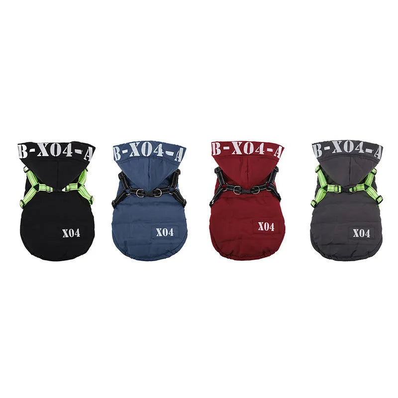 Fleece-lined waterproof dog jacket with hood in red, grey, blue or black colours