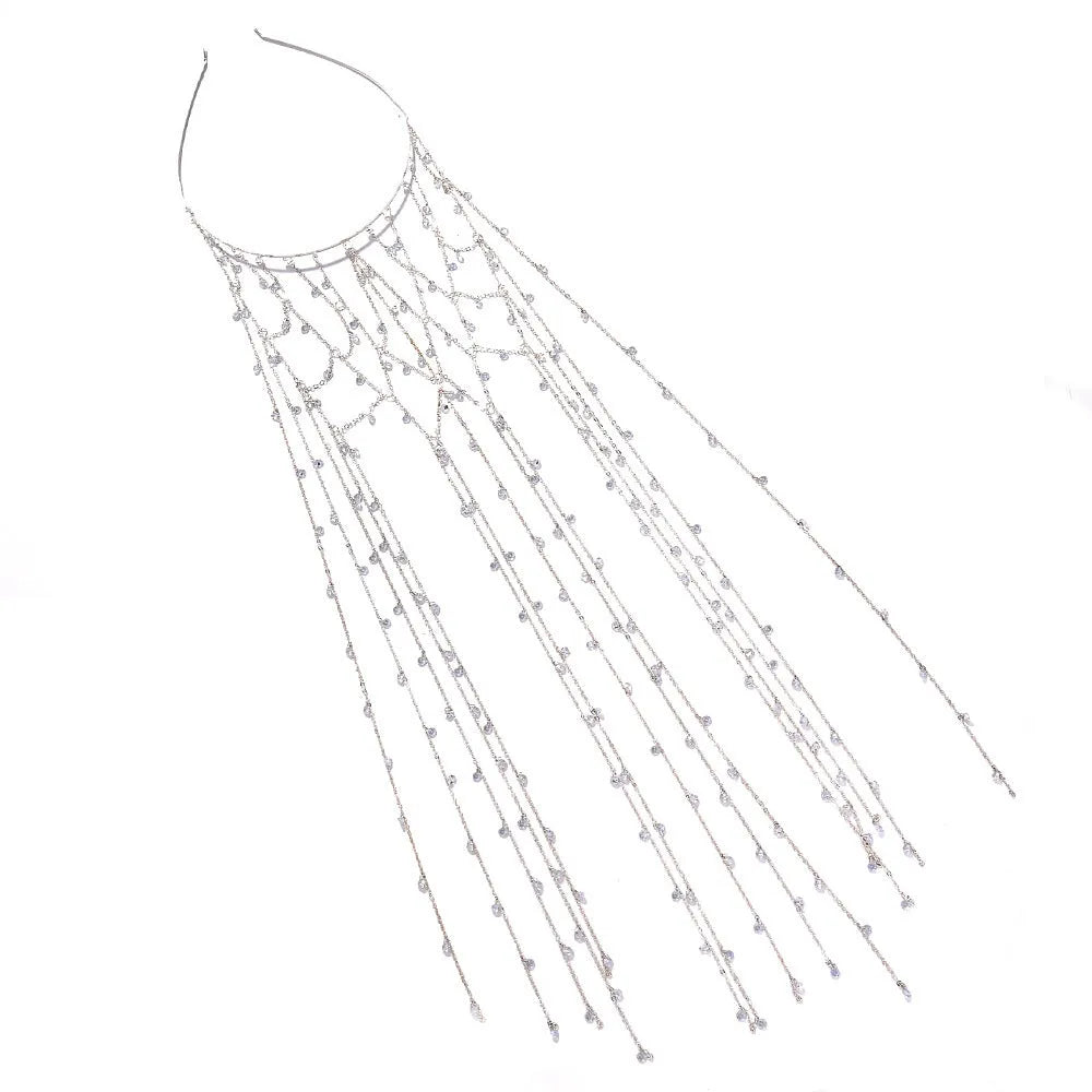 Gold or silver electroplated mesh rhinestone headband with tassel decoration