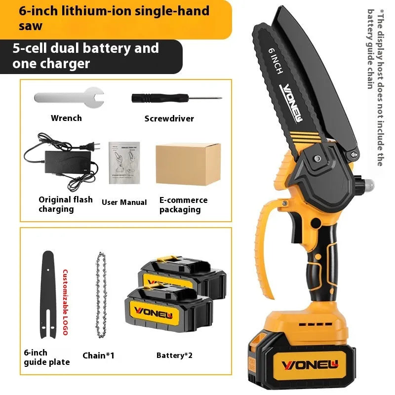 6-inch handheld household mini chainsaw with rechargeable lithium battery for garden pruning and wood cutting