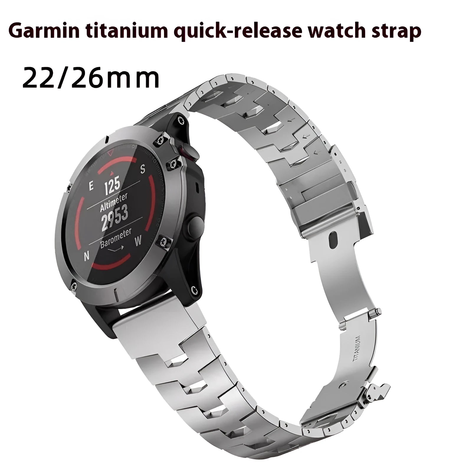 Metal watch strap for Garmin Fenix Jiaming in black, silver, titanium colours, showing 22mm and 26mm width options.