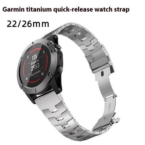Metal watch strap for Garmin Fenix Jiaming in black, silver, titanium colours, showing 22mm and 26mm width options.