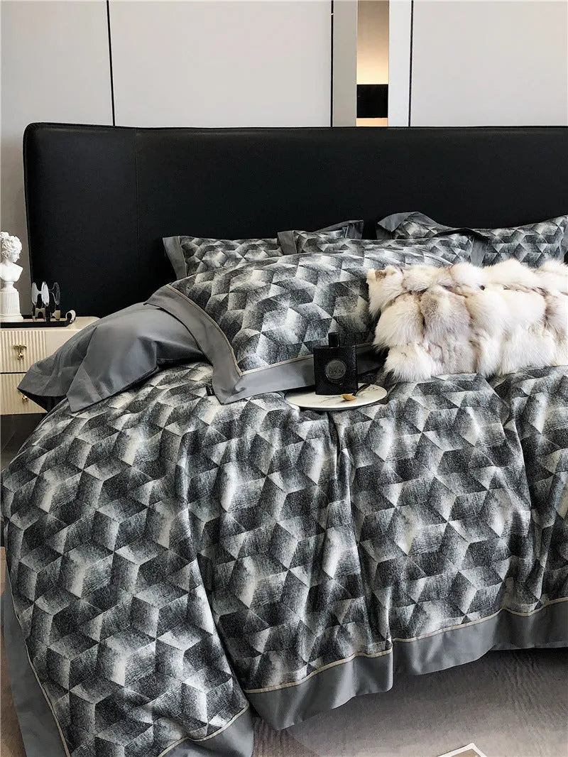 Long-staple cotton printed four-piece bedding set with geometric pattern, sanded fabric, digital print, European classical style