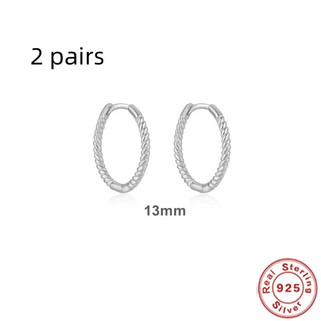 S925 Sterling Silver twisted string round ring earrings in gold or white gold plating, showing geometric design.