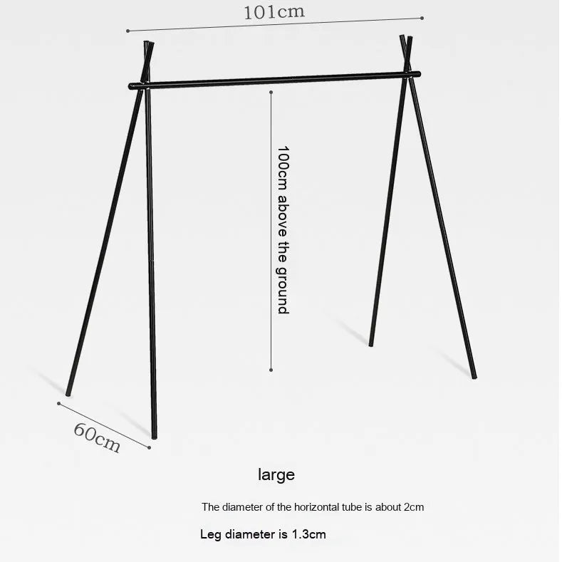 Folded and unfolded aluminium camping drying rack with hooks and side hanger.