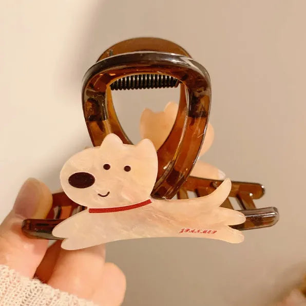 Cartoon puppy design barrettes hair grips in beige and brown colours showing 8cm and 13cm sizes