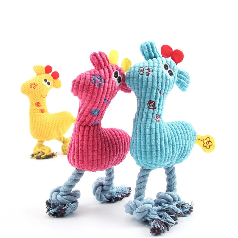 Blue plush deer-shaped dog toy with corn grain texture and sound function.