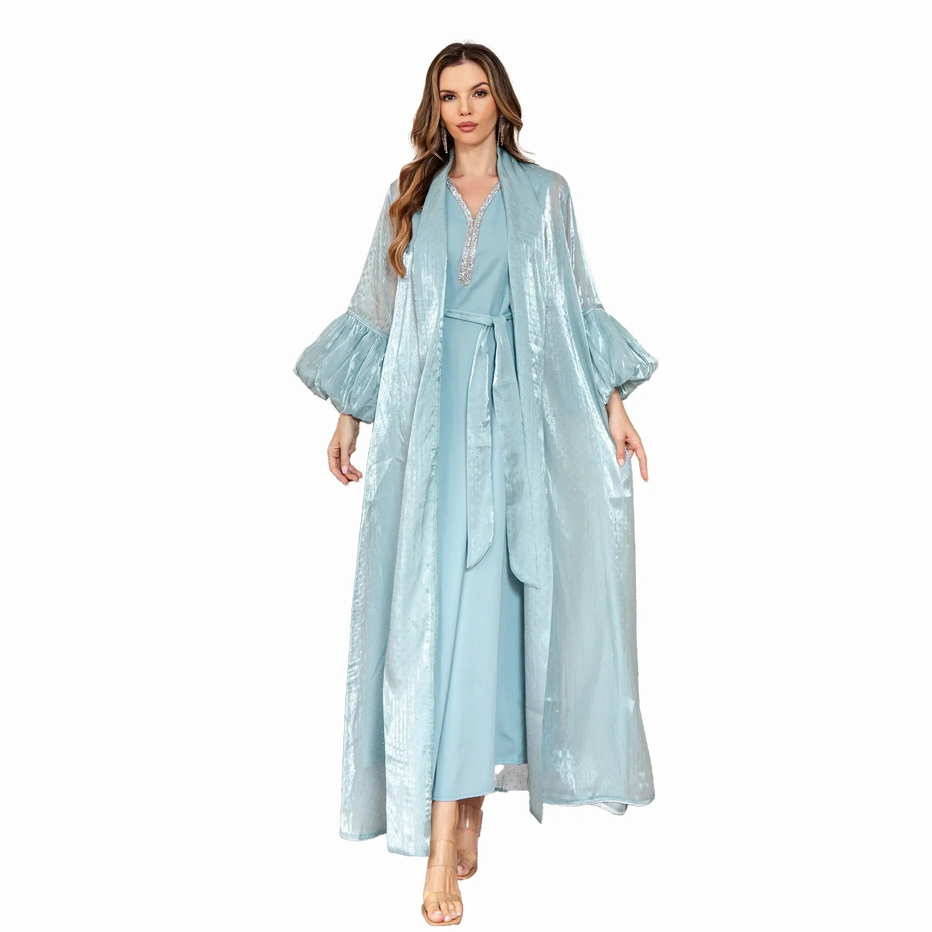 Dubai Arabic two-piece dress set with rhinestone decoration in blue or brown colour