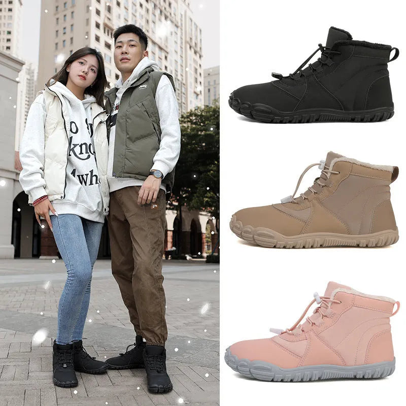 Waterproof fleece-lined snow boots with a round toe and front lace-up on a rubber sole.