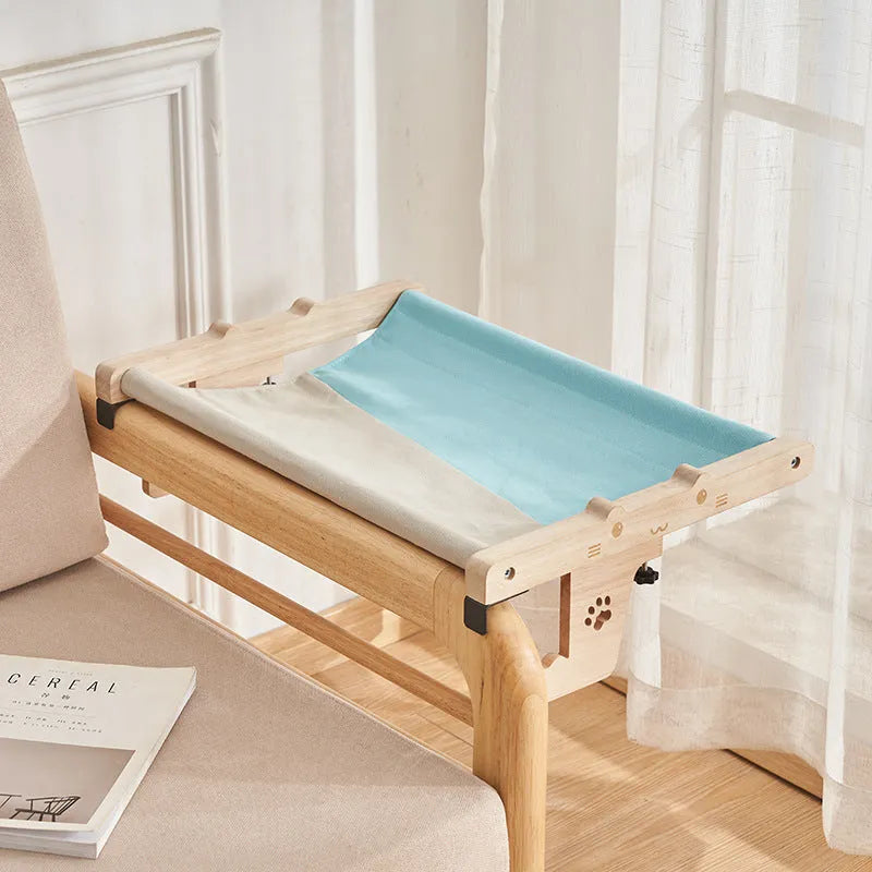 Wooden frame cat hammock bed hanging on a window, suitable for cats and small dogs.