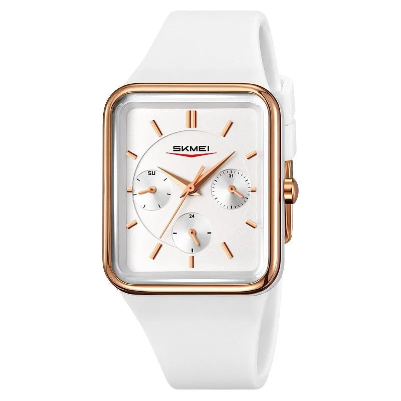 Square silicone waterproof watch for girls in multiple colour options on a wrist.