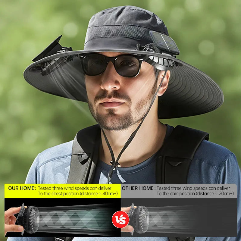 Men's beige solar-powered fan hat with wide brim and integrated cooling fan
