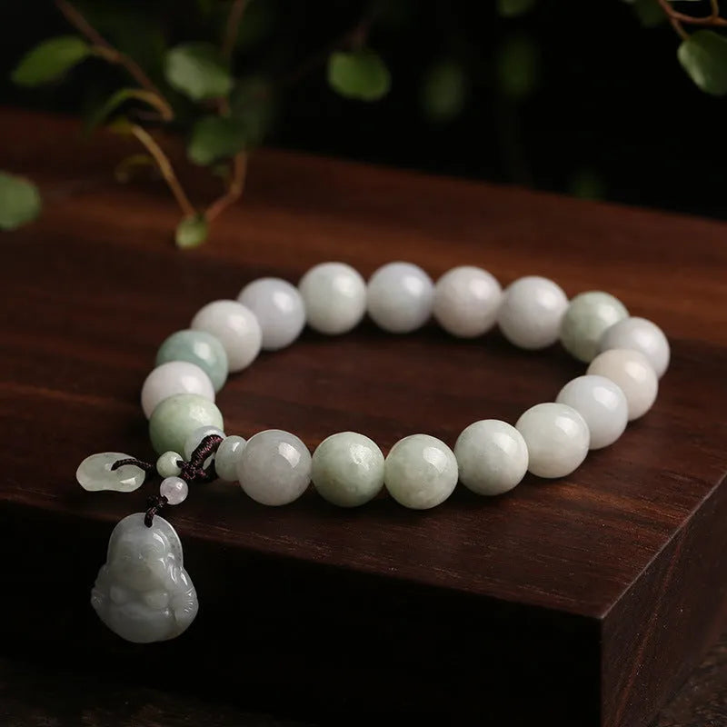 Green jade bracelet with geometric hanging beads and Maitreya Buddha charm