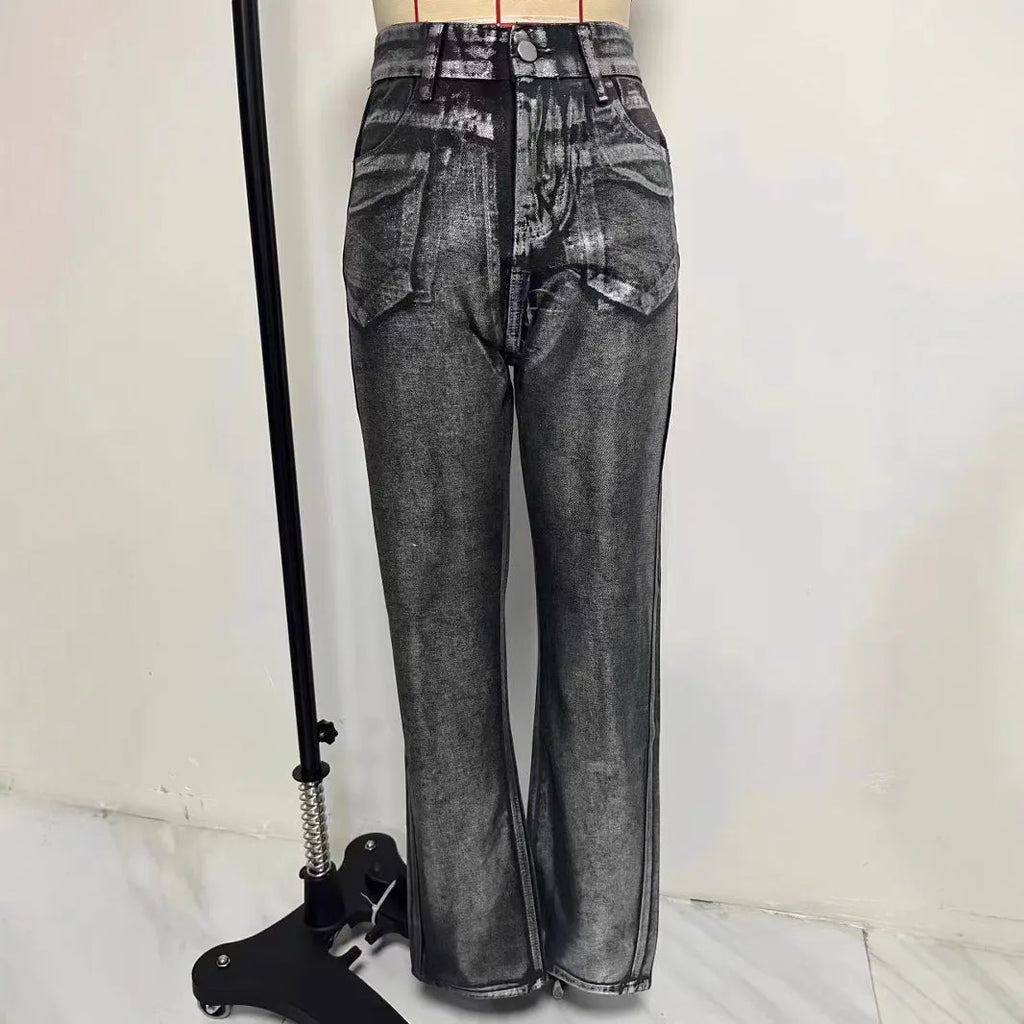 Washed blue high-waist straight-leg jeans on a hanger, showing the front view.