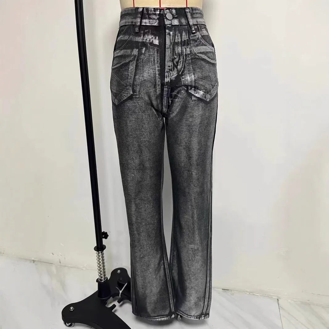 Washed blue high-waist straight-leg jeans on a hanger, showing the front view.