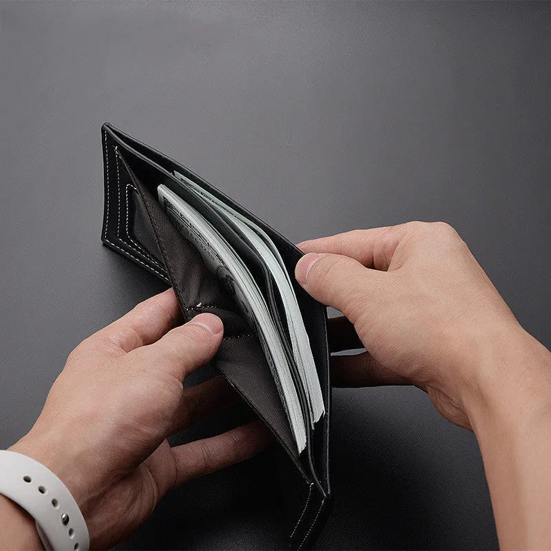 Men's PU leather bi-fold short wallet with car suture design in black